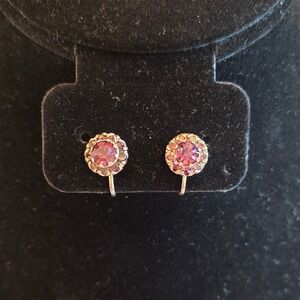 Vintage Vargas Amethyst Rhinestone Cluster Screw Back Earrings Gold Tone Round